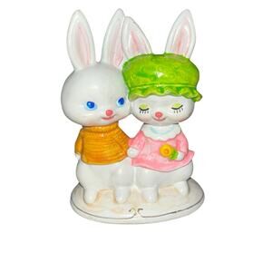 Vintage Ceramic Easter bunny Girl and Boy Rabbits holding hands knickknack
